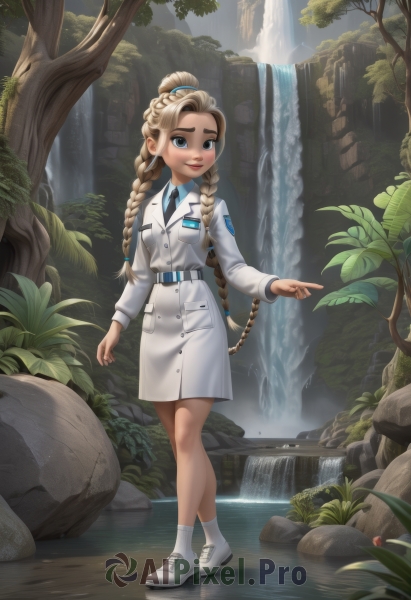 1girl,solo,long hair,looking at viewer,smile,blue eyes,skirt,blonde hair,brown hair,shirt,long sleeves,very long hair,closed mouth,standing,jacket,full body,braid,outdoors,necktie,shoes,day,socks,belt,water,uniform,twin braids,tree,lips,grey eyes,military,military uniform,white footwear,white jacket,plant,white socks,nature,forest,blue necktie,rock,white coat,red lips,breast pocket,river,waterfall,stream,breasts,multicolored hair,watermark,thick eyebrows,web address,forehead,nose