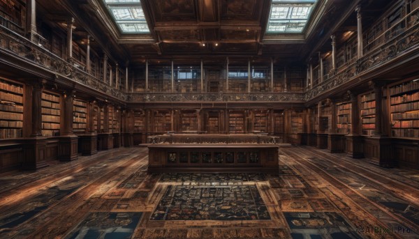 indoors,book,no humans,window,sunlight,scenery,light rays,wooden floor,stairs,bookshelf,architecture,library,ceiling,carpet,day,science fiction,realistic