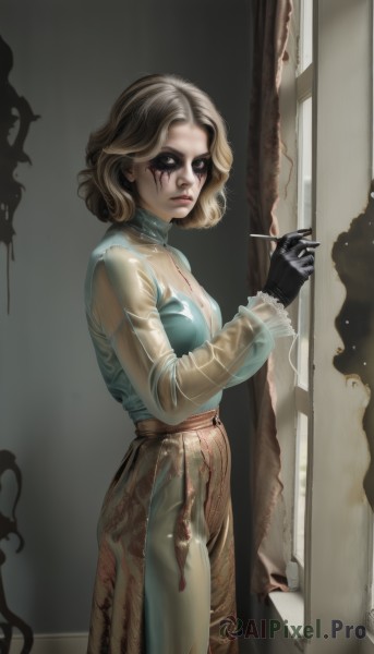 1girl,solo,breasts,looking at viewer,short hair,skirt,blonde hair,brown hair,shirt,gloves,long sleeves,dress,holding,cleavage,medium breasts,closed mouth,underwear,standing,black gloves,medium hair,bra,from side,lips,see-through,blood,makeup,long skirt,realistic,nose,door,paintbrush,painting (action),blue eyes,brown skirt,blood on face