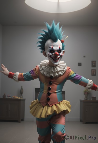 solo,looking at viewer,smile,open mouth,long sleeves,1boy,blue hair,standing,male focus,frills,food,teeth,striped,pants,indoors,grin,makeup,mask,fruit,outstretched arms,spiked hair,facepaint,evil smile,vase,horror (theme),neck ruff,clown,skirt,hair ornament,flower,green hair,no humans,lipstick,lamp