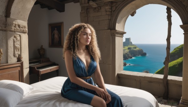 1girl,solo,long hair,breasts,blonde hair,large breasts,brown hair,dress,cleavage,bare shoulders,brown eyes,medium breasts,sitting,collarbone,sleeveless,day,indoors,dark skin,water,dark-skinned female,lips,pillow,bare arms,bed,sleeveless dress,blue dress,ocean,on bed,scenery,curly hair,realistic,nose,looking afar,pillar,ringlets,statue,painting (object),hands on lap,sky,fine art parody