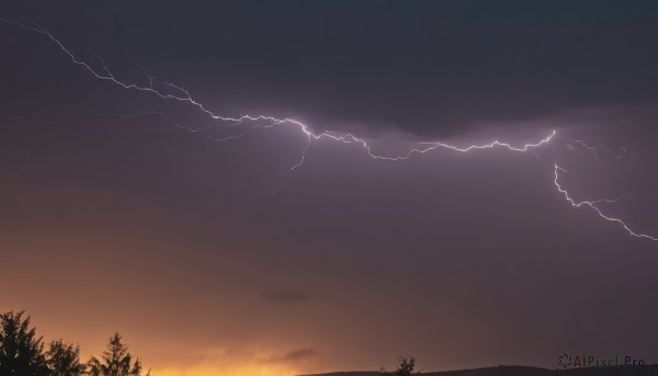 outdoors,sky,cloud,tree,no humans,cloudy sky,nature,scenery,forest,sunset,mountain,electricity,lightning,gradient sky