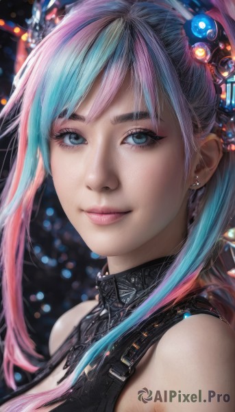 1girl,solo,long hair,breasts,looking at viewer,smile,bangs,blue eyes,hair ornament,bare shoulders,twintails,jewelry,closed mouth,blue hair,upper body,pink hair,multicolored hair,earrings,two-tone hair,aqua eyes,lips,eyelashes,aqua hair,makeup,piercing,portrait,realistic,nose,cleavage,ponytail,sidelocks,sleeveless,necklace,blurry,streaked hair,watermark,close-up,pink lips,mascara