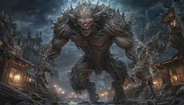 solo,1boy,standing,yellow eyes,male focus,outdoors,horns,sky,teeth,cloud,orange eyes,no humans,muscular,night,glowing,fangs,cloudy sky,sharp teeth,building,night sky,glowing eyes,claws,spikes,monster,lantern,fantasy,giant,extra arms,demon,town,water,city