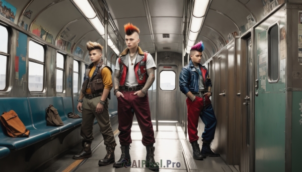 blonde hair,brown hair,black hair,jewelry,standing,jacket,male focus,red hair,multicolored hair,boots,multiple boys,belt,pants,necklace,bag,vest,bracelet,two-tone hair,3boys,spiked hair,4boys,realistic,hands in pockets,leather,undercut,train interior,suitcase,leather jacket,mohawk,looking at viewer,short hair,shirt,gloves,white shirt,pink hair,2boys,black footwear,blue jacket,watch,cigarette,hand in pocket,smoking,wristwatch,red pants,orange pants