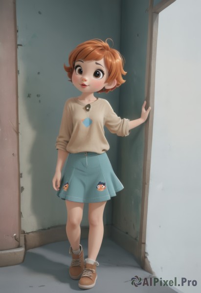 1girl,solo,looking at viewer,blush,smile,short hair,skirt,brown hair,shirt,brown eyes,standing,full body,ahoge,shoes,socks,artist name,orange hair,lips,blue skirt,shadow,brown footwear,white socks,child,door,female child,open mouth,sneakers,freckles,brown shirt,badge,button badge