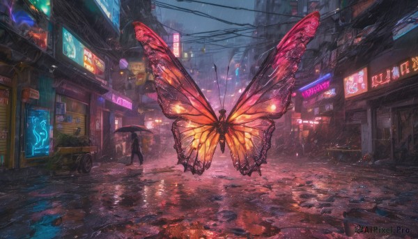 1boy, outdoors, wings, dutch angle, night, umbrella, bug, ground vehicle, butterfly, scenery, rain, holding umbrella, city, sign, road, power lines, street, butterfly wings, neon lights