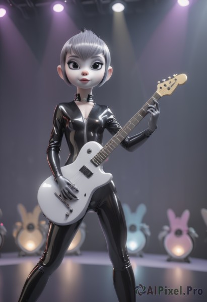 1girl,solo,breasts,looking at viewer,smile,short hair,gloves,cleavage,medium breasts,standing,white hair,grey hair,small breasts,blurry,grey eyes,bodysuit,makeup,cameltoe,lipstick,instrument,skin tight,zipper,shiny clothes,music,black bodysuit,guitar,leather,playing instrument,holding instrument,latex,electric guitar,drum,stage,bass guitar,spotlight,plectrum,latex bodysuit,choker,shiny,black eyes,collar,stage lights