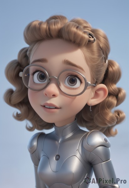 1girl,solo,breasts,looking at viewer,smile,short hair,simple background,brown hair,brown eyes,jewelry,upper body,earrings,small breasts,parted lips,glasses,teeth,medium hair,lips,bodysuit,blue background,forehead,freckles,science fiction,curly hair,round eyewear,cyborg,long hair,nose