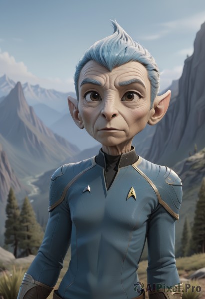 1girl,solo,looking at viewer,short hair,long sleeves,1boy,brown eyes,closed mouth,blue hair,upper body,grey hair,male focus,small breasts,outdoors,sky,day,pointy ears,armor,tree,blue sky,bodysuit,mountain,old,hair slicked back,belt,artist name,realistic