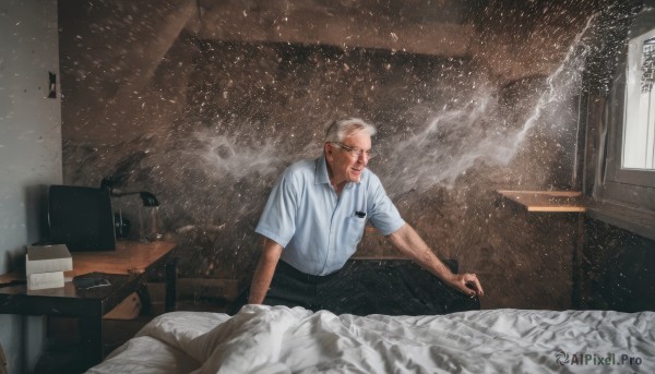 solo,short hair,shirt,1boy,holding,sitting,white shirt,white hair,short sleeves,grey hair,male focus,glasses,collared shirt,pants,indoors,window,bed,facial hair,chair,black pants,table,desk,smoke,cigarette,realistic,smoking,old,old man,dust,belt,pillow,beard,mustache,shirt tucked in,lamp,computer