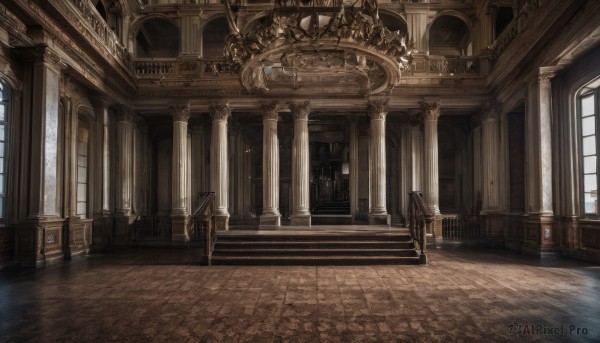 day,indoors,no humans,window,chair,table,sunlight,scenery,reflection,light rays,wooden floor,stairs,door,architecture,pillar,statue,carpet,church,arch,candlestand,reflective floor,chandelier,column,holding,standing,weapon,sword,armor,fantasy,throne