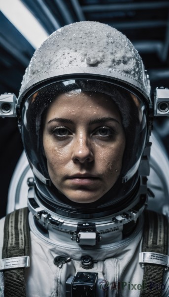 solo,looking at viewer,brown hair,1boy,closed mouth,upper body,male focus,black eyes,lips,helmet,portrait,freckles,science fiction,realistic,space,dirty,spacesuit,astronaut,black hair,shiny,serious,space helmet