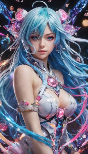 1girl,solo,long hair,breasts,looking at viewer,bangs,blue eyes,large breasts,hair ornament,cleavage,bare shoulders,jewelry,medium breasts,very long hair,blue hair,upper body,ahoge,earrings,lips,clothing cutout,cleavage cutout,gem,armlet,crystal,realistic,nose,hair between eyes,headgear,space,planet