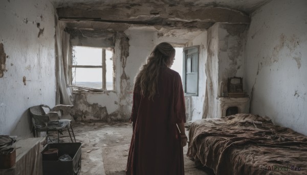 1girl,solo,long hair,blonde hair,brown hair,long sleeves,standing,indoors,from behind,coat,gun,window,bed,chair,table,sunlight,curtains,scenery,facing away,ruins,red coat,suitcase,1boy,male focus,door,lamp,cabinet,cracked wall,messy room