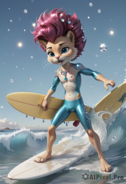 solo,smile,open mouth,blue eyes,1boy,navel,holding,animal ears,jewelry,nipples,standing,tail,full body,pink hair,male focus,outdoors,sky,day,artist name,water,necklace,blue sky,:3,ocean,animal,blue background,pectorals,furry,bulge,water drop,shota,furry male,watercraft,body fur,toned male,male swimwear,animal nose,waves,whiskers,snout,two-tone fur,surfboard,pawpads,wetsuit,lion boy,short hair,brown hair,red hair,barefoot,teeth,cloud,cat ears,flat chest,looking to the side,sparkle,bodysuit,shadow,watermark,beach,abs,gem,skin tight,web address,claws,freckles,topless male,boat