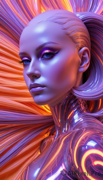 1girl,solo,long hair,breasts,looking at viewer,blue eyes,upper body,ponytail,shiny,lips,eyelashes,bodysuit,makeup,colored skin,lipstick,portrait,eyeshadow,science fiction,nose,blue skin,purple skin,purple lips,alien,purple hair,white hair,multicolored hair,glowing,realistic,hair pulled back,mascara,orange skin