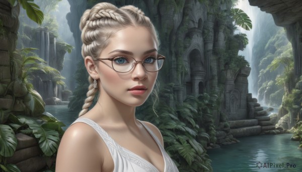 1girl,solo,long hair,breasts,looking at viewer,blue eyes,blonde hair,dress,cleavage,bare shoulders,jewelry,medium breasts,upper body,braid,earrings,outdoors,glasses,water,white dress,tree,lips,single braid,leaf,plant,scenery,realistic,nose,ruins,pillar,waterfall,arch,moss,overgrown,column,parted lips,hair bun,eyelashes,makeup,single hair bun,portrait