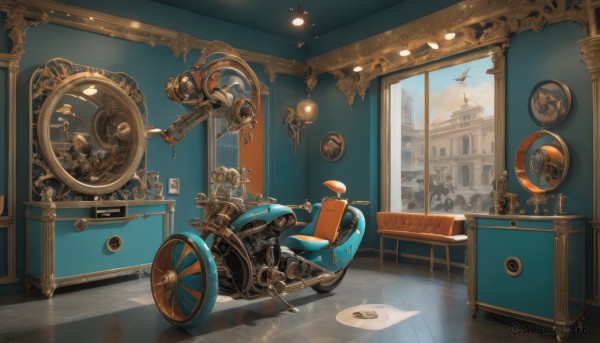 sky,day,cloud,indoors,cup,no humans,window,shadow,chair,table,ground vehicle,building,scenery,motor vehicle,plate,aircraft,door,clock,lamp,vehicle focus,motorcycle,gears,wheel,chandelier,steampunk,airship,blue sky,reflection,wooden floor,reflective floor