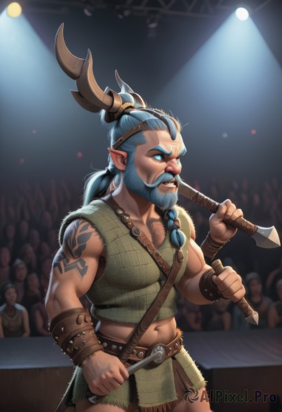 long hair,blue eyes,1boy,navel,holding,jewelry,blue hair,ponytail,weapon,braid,male focus,multiple boys,horns,solo focus,pointy ears,midriff,belt,holding weapon,tattoo,muscular,glowing,facial hair,abs,muscular male,bara,glowing eyes,beard,mature male,mustache,bracer,arm tattoo,axe,weapon over shoulder,crowd,holding axe,orc,solo,shirt,standing,collarbone,cowboy shot,teeth,sleeveless,artist name,stomach,vest,crop top,blurry background,pectorals,wristband,nose,hair tie,green shirt,antlers,over shoulder,chest hair,arm hair,spotlight,wrestling ring