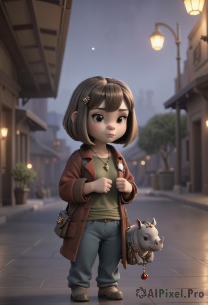 1girl,solo,short hair,bangs,brown hair,shirt,hair ornament,long sleeves,brown eyes,jewelry,closed mouth,standing,jacket,full body,flower,outdoors,open clothes,sky,shoes,hairclip,belt,pants,artist name,signature,medium hair,necklace,bag,blurry,lips,coat,night,depth of field,blurry background,brown footwear,plant,denim,building,child,night sky,red jacket,pendant,jeans,handbag,city,blue pants,female child,potted plant,road,badge,lamppost,street,day,open jacket,tree,stuffed toy,bob cut,backpack,brown jacket,realistic,nose,green shirt,charm (object),bag charm,brown bag,keychain,cow