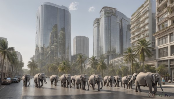 outdoors,sky,day,cloud,water,tree,no humans,animal,ground vehicle,building,scenery,motor vehicle,city,palm tree,car,road,ruins,lamppost,street,skyscraper,truck,crosswalk,cow,post-apocalypse,reflection,dog,cityscape