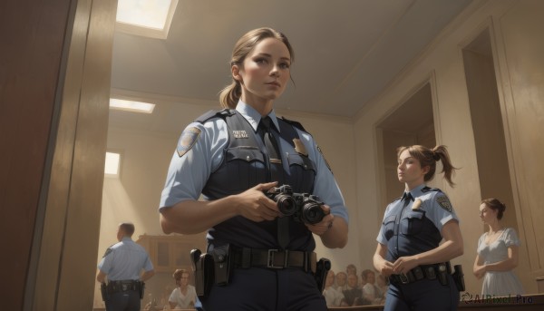 short hair,multiple girls,blonde hair,brown hair,shirt,dress,holding,brown eyes,closed mouth,standing,white shirt,ponytail,weapon,short sleeves,multiple boys,necktie,solo focus,collared shirt,belt,pants,indoors,3girls,holding weapon,white dress,uniform,vest,gun,window,6+girls,black pants,blue shirt,holding gun,black necktie,handgun,black belt,door,camera,holster,badge,police,police uniform,policewoman,holding camera,ceiling,hallway,holstered weapon,bulletproof vest,walkie-talkie,long hair,looking at viewer,2girls,blue pants,crowd