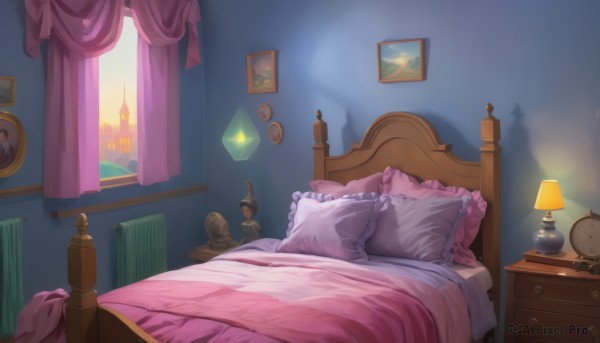 frills,indoors,pillow,book,no humans,window,bed,bed sheet,on bed,curtains,scenery,clock,light,lamp,photo (object),bedroom,picture frame,frilled pillow,painting (object),alarm clock,morning,canopy bed,still life,portrait (object)