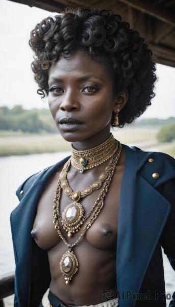 1girl,solo,breasts,looking at viewer,short hair,black hair,navel,brown eyes,jewelry,medium breasts,nipples,jacket,upper body,earrings,small breasts,outdoors,parted lips,open clothes,teeth,day,belt,pants,dark skin,necklace,blurry,open jacket,dark-skinned female,lips,coat,no bra,blurry background,chain,topless,piercing,sharp teeth,blue jacket,breasts apart,freckles,curly hair,hoop earrings,realistic,nose,blue coat,very dark skin,dark nipples,no shirt,dreadlocks,afro,denim jacket,dark areolae,black jacket,makeup,denim,gem,pasties,facepaint,neck ring,gold,colored nipples