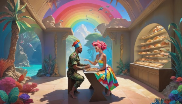 1girl,breasts,smile,short hair,1boy,dress,bare shoulders,jewelry,sitting,pink hair,flower,earrings,food,sky,barefoot,day,pants,cloud,dark skin,water,looking at another,uniform,dark-skinned female,tree,military,military uniform,headband,shadow,bird,chair,table,dark-skinned male,plant,multicolored clothes,plate,curly hair,palm tree,bread,rainbow,multicolored dress,green pants,very dark skin,dreadlocks,pineapple,standing,hetero,red hair,facial hair,ocean,goggles,blue flower