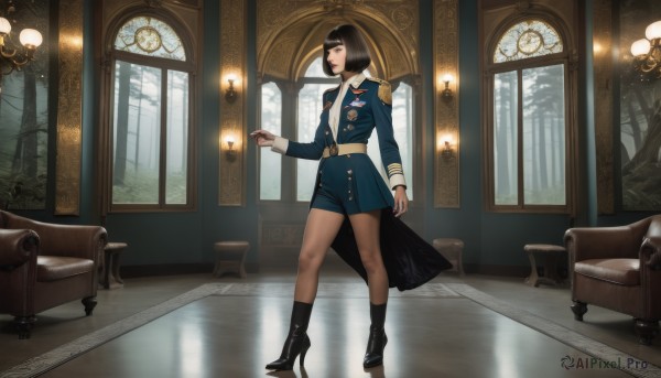 1girl,solo,breasts,short hair,bangs,black hair,long sleeves,brown eyes,closed mouth,standing,jacket,full body,pantyhose,boots,necktie,shorts,belt,indoors,blunt bangs,black footwear,uniform,high heels,tree,lips,coat,looking to the side,military,window,military uniform,buttons,chair,table,bob cut,blue jacket,couch,high heel boots,reflection,epaulettes,brown pantyhose,realistic,clock,double-breasted,ankle boots,aiguillette,armchair,medal,reflective floor,socks,short shorts,black shorts,scenery,lamp,wide shot,chandelier