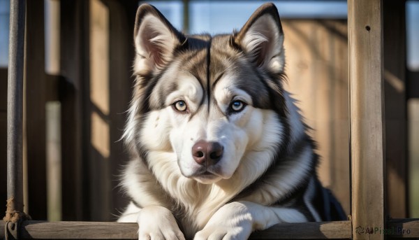 HQ,looking at viewer,blue eyes,outdoors,sky,day,indoors,blurry,no humans,window,depth of field,blurry background,animal,cat,realistic,animal focus,solo,signature,dog,shiba inu