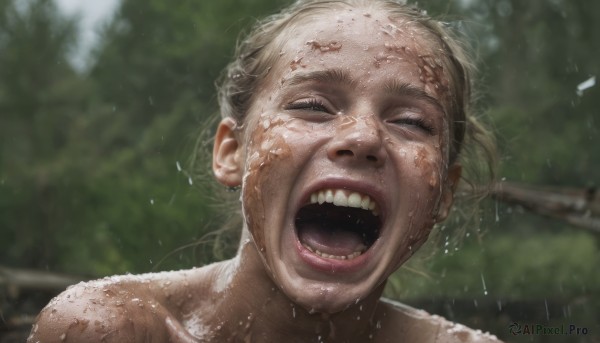 1girl,solo,looking at viewer,open mouth,blonde hair,closed eyes,outdoors,teeth,day,tongue,blurry,tree,lips,wet,depth of field,blurry background,portrait,rain,realistic,wet hair,short hair,1boy,collarbone,male focus,nude,half-closed eyes,close-up