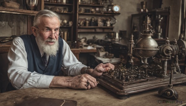 solo,smile,blue eyes,shirt,long sleeves,1boy,jewelry,sitting,white shirt,white hair,grey hair,male focus,glasses,pointy ears,collared shirt,indoors,blurry,vest,cup,depth of field,blurry background,facial hair,table,ring,beard,watch,realistic,round eyewear,mustache,blue vest,old,old man,shelf,monocle,bar (place),phonograph,wrinkled skin,open mouth,upper body