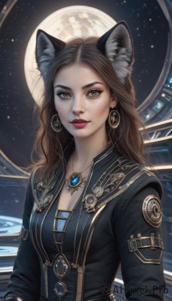 1girl,solo,long hair,breasts,looking at viewer,brown hair,long sleeves,animal ears,cleavage,brown eyes,jewelry,medium breasts,jacket,upper body,earrings,parted lips,belt,cat ears,necklace,lips,animal ear fluff,makeup,moon,lipstick,gem,star (sky),full moon,pendant,eyeshadow,red lips,space,planet,black jacket,wolf ears,forehead,hoop earrings,realistic,nose