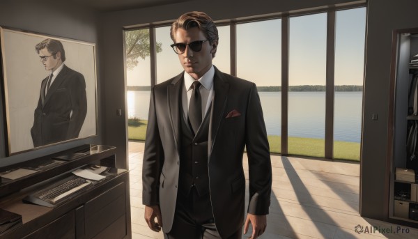 solo,short hair,brown hair,shirt,long sleeves,1boy,closed mouth,standing,jacket,white shirt,male focus,multiple boys,necktie,glasses,collared shirt,pants,indoors,2boys,vest,tree,black jacket,window,facial hair,black pants,formal,sunglasses,suit,black necktie,reflection,arms at sides,computer,bald,monitor,laptop,black suit,keyboard (computer),office,looking at viewer