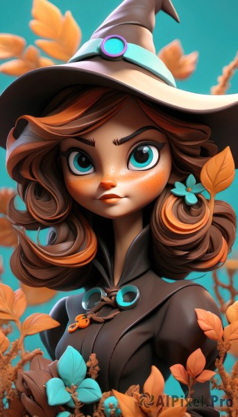 1girl,solo,long hair,breasts,looking at viewer,bangs,blue eyes,brown hair,hair ornament,long sleeves,hat,dress,holding,closed mouth,upper body,flower,outdoors,artist name,hair flower,necklace,black dress,blue sky,lips,eyelashes,makeup,witch hat,leaf,blue background,freckles,blue flower,curly hair,high collar,nose,holding flower,witch,blurry,watermark,web address