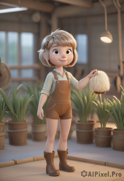 1girl,solo,looking at viewer,smile,short hair,brown hair,shirt,hair ornament,holding,brown eyes,standing,full body,white shirt,boots,shorts,hairclip,collared shirt,indoors,blurry,window,depth of field,blurry background,brown footwear,plant,child,sleeves rolled up,female child,potted plant,lamp,overalls,blonde hair,short sleeves,artist name,freckles,brown shorts