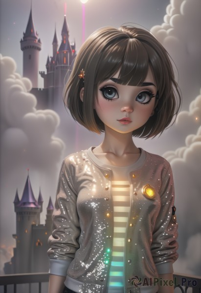 1girl,solo,breasts,looking at viewer,blush,short hair,bangs,blue eyes,brown hair,shirt,black hair,hair ornament,long sleeves,standing,collarbone,jacket,upper body,small breasts,outdoors,parted lips,open clothes,sky,hairclip,striped,shiny,artist name,cloud,signature,star (symbol),black eyes,open jacket,lips,grey eyes,eyelashes,makeup,night,watermark,bob cut,thick eyebrows,cloudy sky,denim,lipstick,building,web address,sleeves rolled up,smoke,backlighting,striped shirt,city,nose,arms at sides,railing,red lips,eyeliner,badge,mascara,button badge,skirt,blunt bangs,freckles,castle,tower