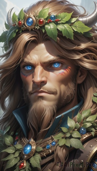 solo,long hair,looking at viewer,blue eyes,blonde hair,brown hair,1boy,jewelry,closed mouth,upper body,braid,male focus,outdoors,horns,day,signature,armor,facial hair,leaf,facial mark,gem,portrait,beard,close-up,serious,mustache,sky,lips,glowing,glowing eyes,realistic,head wreath,wreath