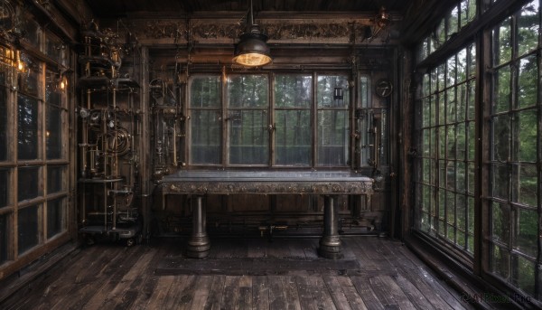 day,indoors,tree,dutch angle,no humans,window,chair,table,sunlight,nature,scenery,forest,wooden floor,stairs,door,architecture,chandelier,plant,rain,fantasy,clock,light,lamp,candle,ceiling,candlestand,ceiling light,wooden wall,wooden table,wooden chair