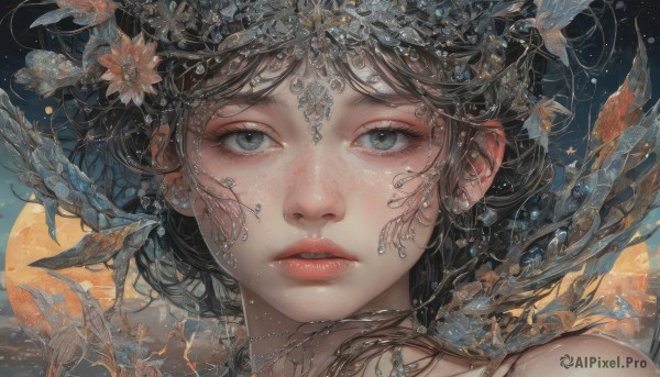 1girl,solo,long hair,looking at viewer,short hair,bangs,blue eyes,brown hair,black hair,hair ornament,jewelry,flower,parted lips,hair flower,water,lips,grey eyes,eyelashes,moon,portrait,close-up,freckles,fish,circlet,realistic,goldfish,bare shoulders,green eyes,earrings,teeth,necklace,leaf,piercing,gem,nose