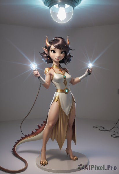 1girl,solo,breasts,looking at viewer,smile,short hair,open mouth,brown hair,black hair,dress,holding,jewelry,medium breasts,standing,tail,full body,earrings,small breasts,parted lips,horns,teeth,pointy ears,dark skin,white dress,armor,black eyes,high heels,dark-skinned female,strapless,monster girl,shoulder armor,pelvic curtain,dragon horns,dragon girl,dragon tail,scales,cable,gloves,barefoot,choker,fingerless gloves,necklace,lips,makeup,swept bangs,lipstick,claws,side slit,pendant,floating,personification,vambraces,bracer,spotlight,hooves