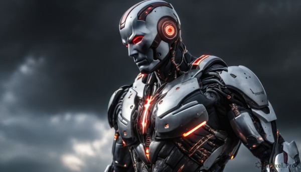 solo,red eyes,1boy,upper body,male focus,cloud,armor,no humans,glowing,robot,mecha,glowing eyes,science fiction,realistic,cyborg,power armor,humanoid robot,blurry,from side,blurry background,helmet,android,joints,robot joints,mechanical parts