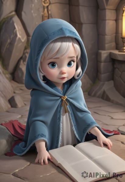 1girl,solo,looking at viewer,short hair,bangs,blue eyes,upper body,white hair,parted lips,indoors,hood,lips,book,aged down,child,cloak,hood up,open book,female child,hooded cloak,stone floor,blonde hair,dress,wide sleeves,watermark,nose