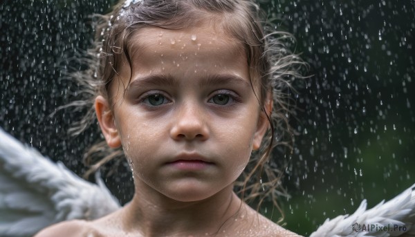 1girl,solo,looking at viewer,short hair,brown hair,closed mouth,wings,water,lips,wet,grey eyes,expressionless,messy hair,portrait,feathered wings,rain,angel wings,water drop,realistic,white wings,angel,wet hair,brown eyes,green eyes,eyelashes,close-up