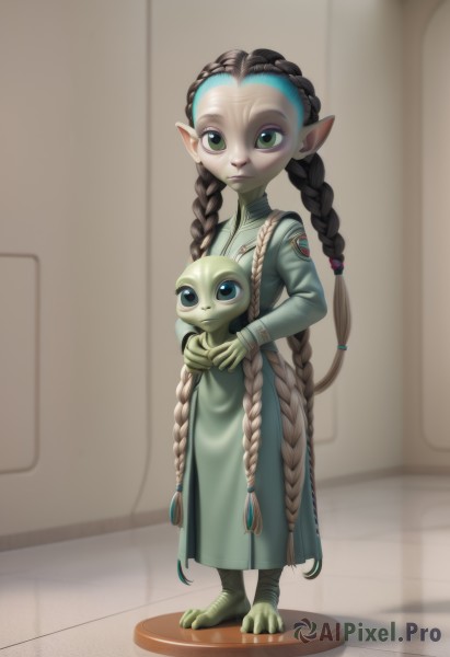 1girl,solo,long hair,looking at viewer,brown hair,black hair,long sleeves,holding,very long hair,closed mouth,green eyes,standing,full body,braid,barefoot,pointy ears,indoors,twin braids,colored skin,child,furry,1other,female child,multiple braids,smile,blue eyes,gloves,twintails,multicolored hair,two-tone hair,facial mark,crossover,green skin,alien