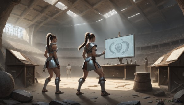 long hair,breasts,multiple girls,skirt,brown hair,black hair,holding,2girls,bare shoulders,standing,ponytail,weapon,sleeveless,day,midriff,sword,indoors,3girls,from behind,armor,looking at another,window,muscular,sandals,sunlight,high ponytail,shoulder armor,box,armlet,walking,pauldrons,light rays,vambraces,bracer,sunbeam,bikini armor,map,barrel,treasure chest,1girl,hair ornament,1boy,multiple boys,crop top,statue