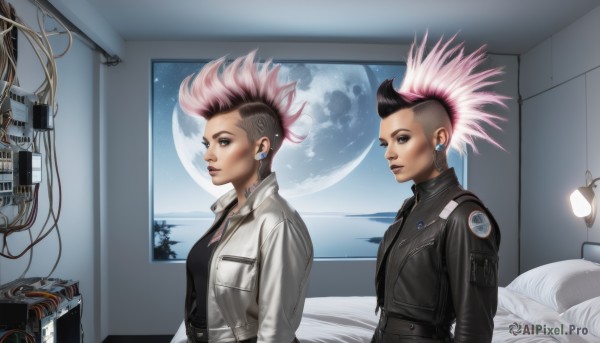 breasts,looking at viewer,short hair,multiple girls,black hair,2girls,jewelry,jacket,upper body,pink hair,multicolored hair,earrings,open clothes,sky,indoors,uniform,from side,two-tone hair,open jacket,lips,pillow,window,bed,tattoo,makeup,night,moon,spiked hair,star (sky),full moon,dual persona,science fiction,realistic,nose,labcoat,cable,space,leather,undercut,planet,cyborg,leather jacket,earth (planet),mohawk,cyberpunk,1girl,necklace,piercing,asymmetrical hair,very short hair,earphones