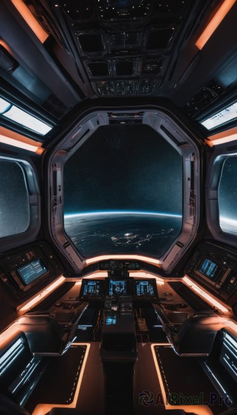 signature,no humans,window,robot,scenery,reflection,science fiction,realistic,space,planet,spacecraft,spacesuit,cockpit,sky,star (sky),cable,earth (planet)